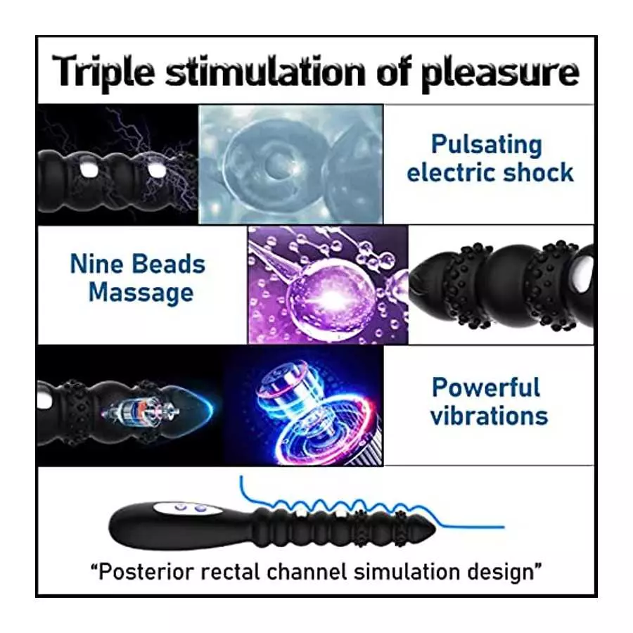 Electric Shock Anal Vibrator Prostate Stimulator 9 Beads Vibrating Anal Plug with 10 Powerful Vibrations 3 Electric Shock Pulse 