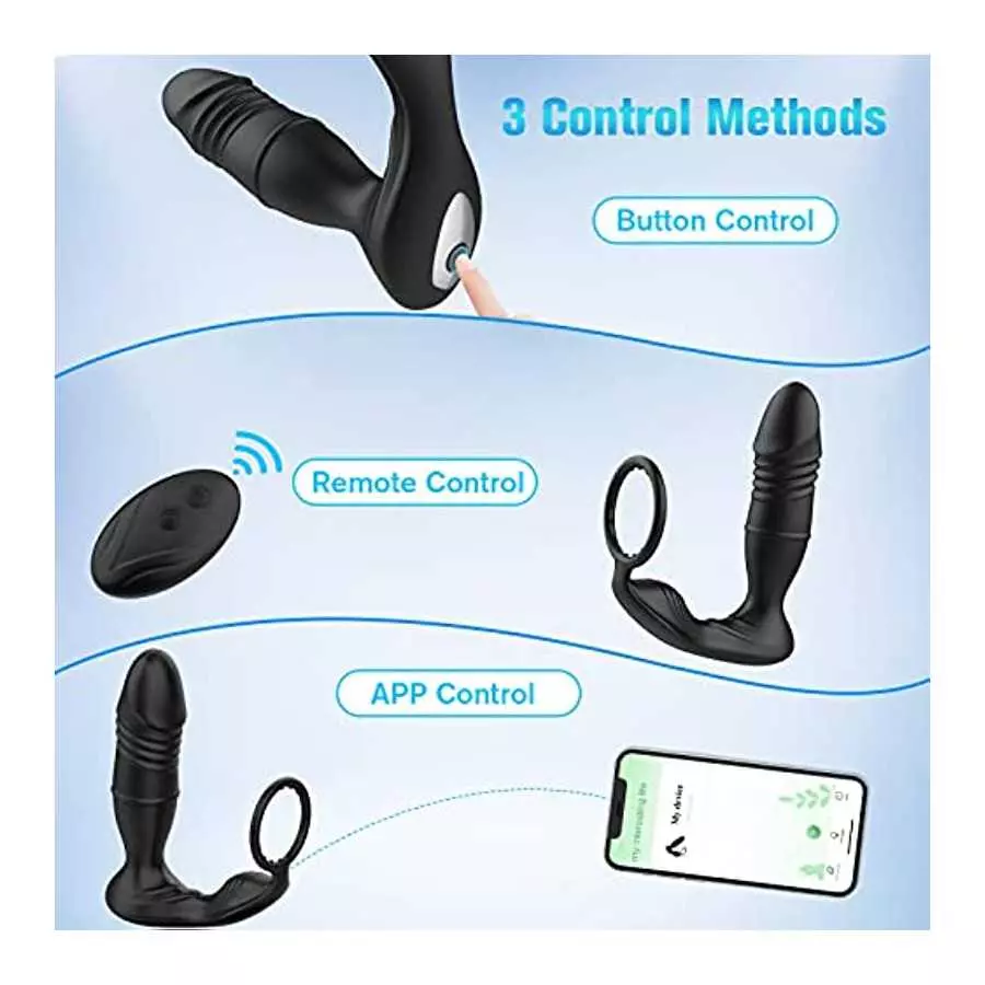 Anal Vibrator Prostate Massager with Penis Ring, Smart App & Remote Control Anal Sex Toy, 9 Thrusting Speed and 9 Vibrating Mode