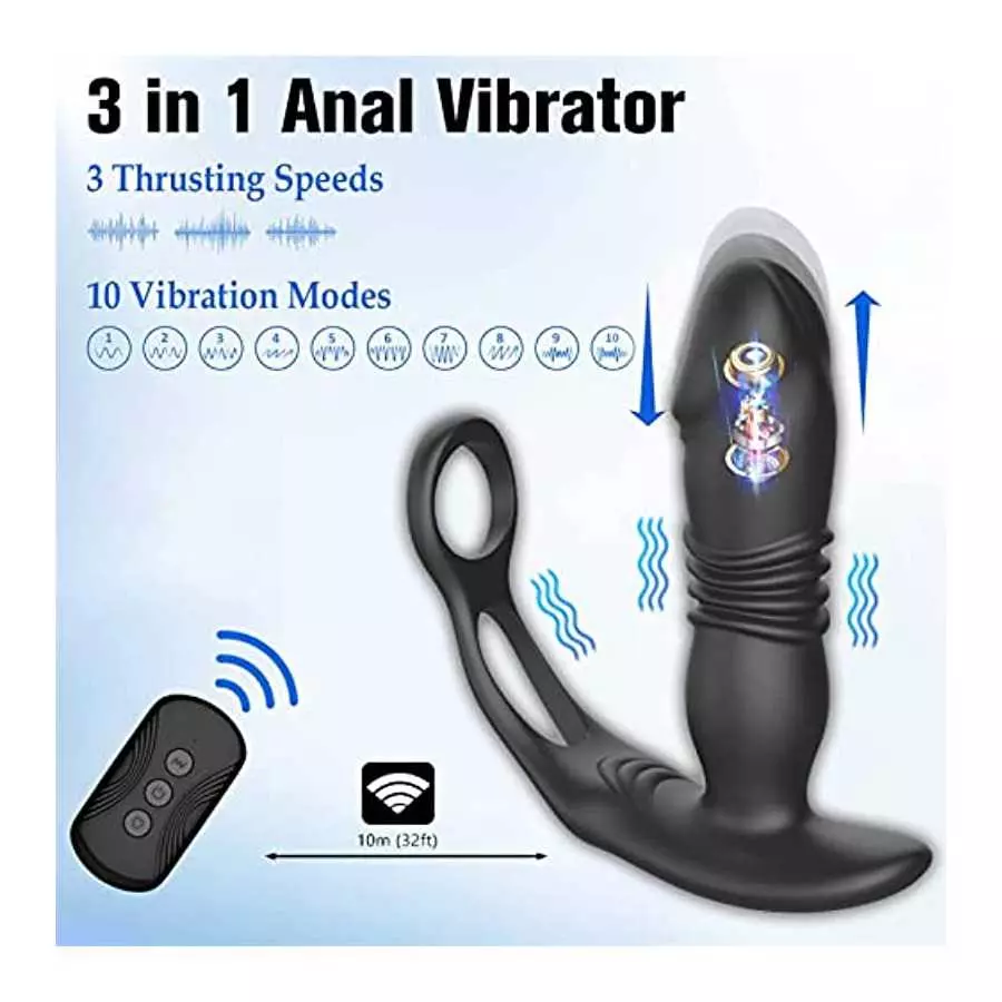 3 in 1 Men Anal Vibrator Telescopic Butt Plug Sex Toy with 3 Thrusting & 10 Vibration Modes, Remote Control Prostate Massager An