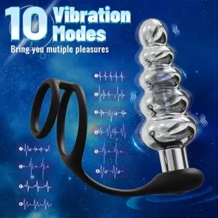 Anal Vibrator Vibrating Butt Plug with Dual Penis Rings, Metal Anal Plug Prostate Massager with 10 Vibrations Rechargeable Anal 
