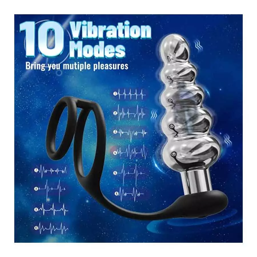 Anal Vibrator Vibrating Butt Plug with Dual Penis Rings, Metal Anal Plug Prostate Massager with 10 Vibrations Rechargeable Anal 
