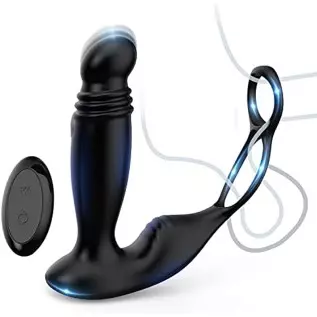 Prostate Massager Toy Anal Vibrator with Dual Cock Ring, Prostate Massage Toys with 10 Vibrating & 5 Thrusting, Vibrating Butt A