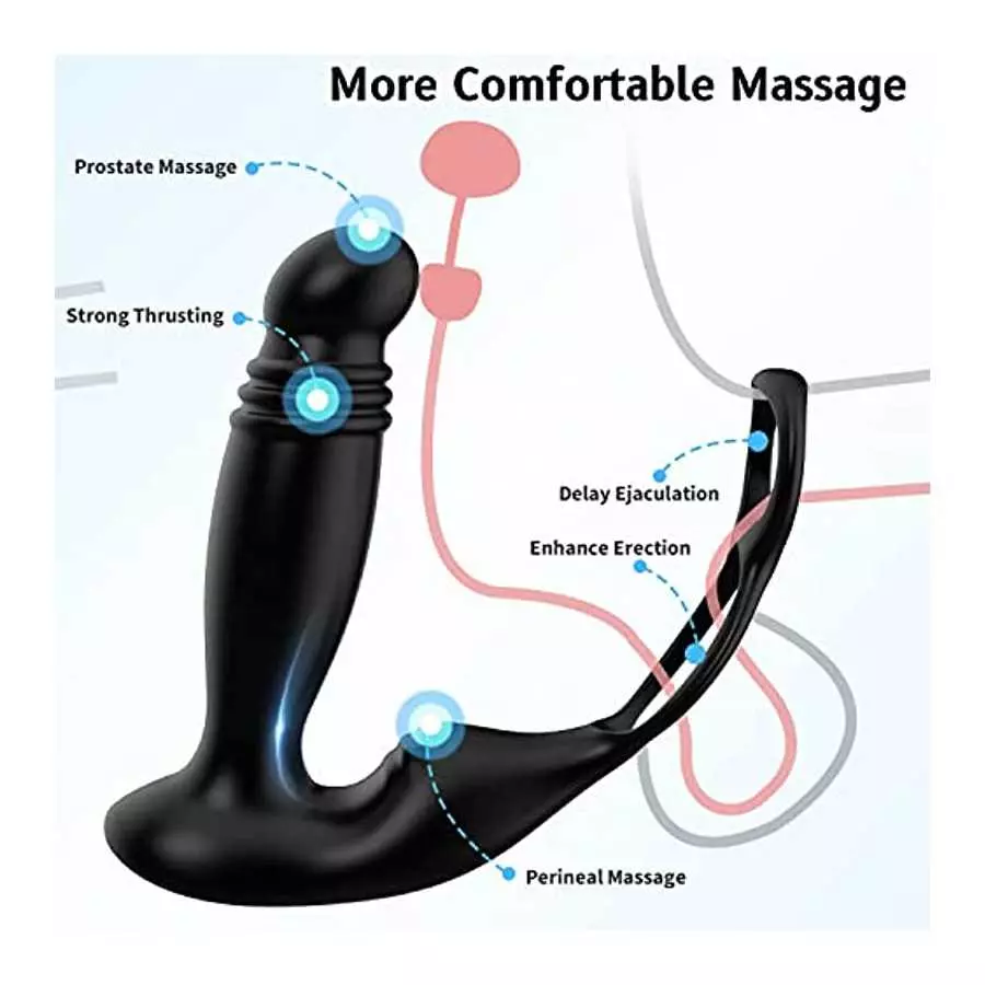 Prostate Massager Toy Anal Vibrator with Dual Cock Ring, Prostate Massage Toys with 10 Vibrating & 5 Thrusting, Vibrating Butt A