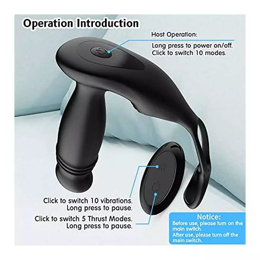 Prostate Massager Toy Anal Vibrator with Dual Cock Ring, Prostate Massage Toys with 10 Vibrating & 5 Thrusting, Vibrating Butt A