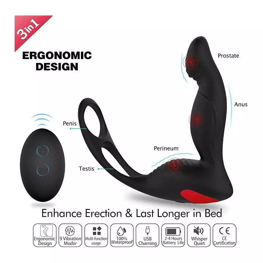 3 in 1 Anal Toy Vibrator Prostate Massager with Penis Ring and Ball Loop, Thrusting and Vibration Multiply Stimulation Silicone 