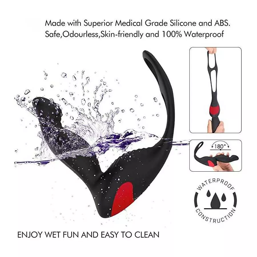 3 in 1 Anal Toy Vibrator Prostate Massager with Penis Ring and Ball Loop, Thrusting and Vibration Multiply Stimulation Silicone 