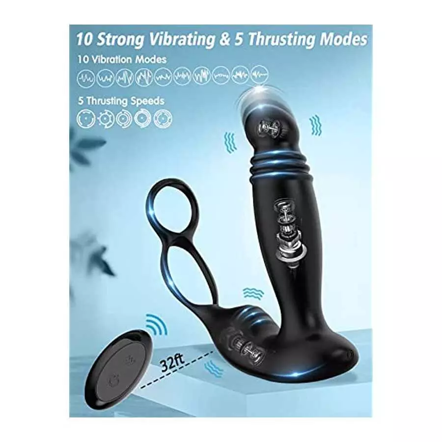 Thrusting Anal Vibrator Prostate Massager with Dual Cock Ring, Anal Sex Toys with 5 Thrusting & 10 Vibrating Modes, Prostate Sti