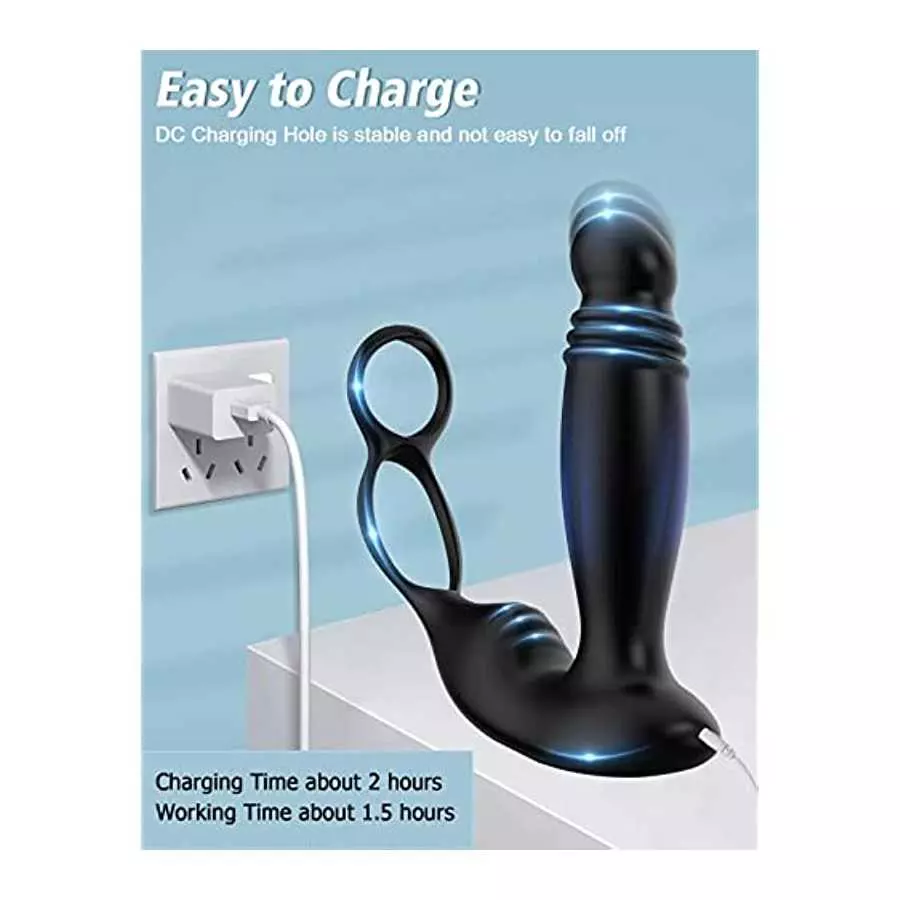 Thrusting Anal Vibrator Prostate Massager with Dual Cock Ring, Anal Sex Toys with 5 Thrusting & 10 Vibrating Modes, Prostate Sti