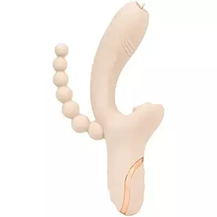Dual Penetration Vibrator with Clitoris G Spot Stimulator and Anal Beads, Anal Sex Toy for Women or Couples (Wabi-Sabi Beige) 1.