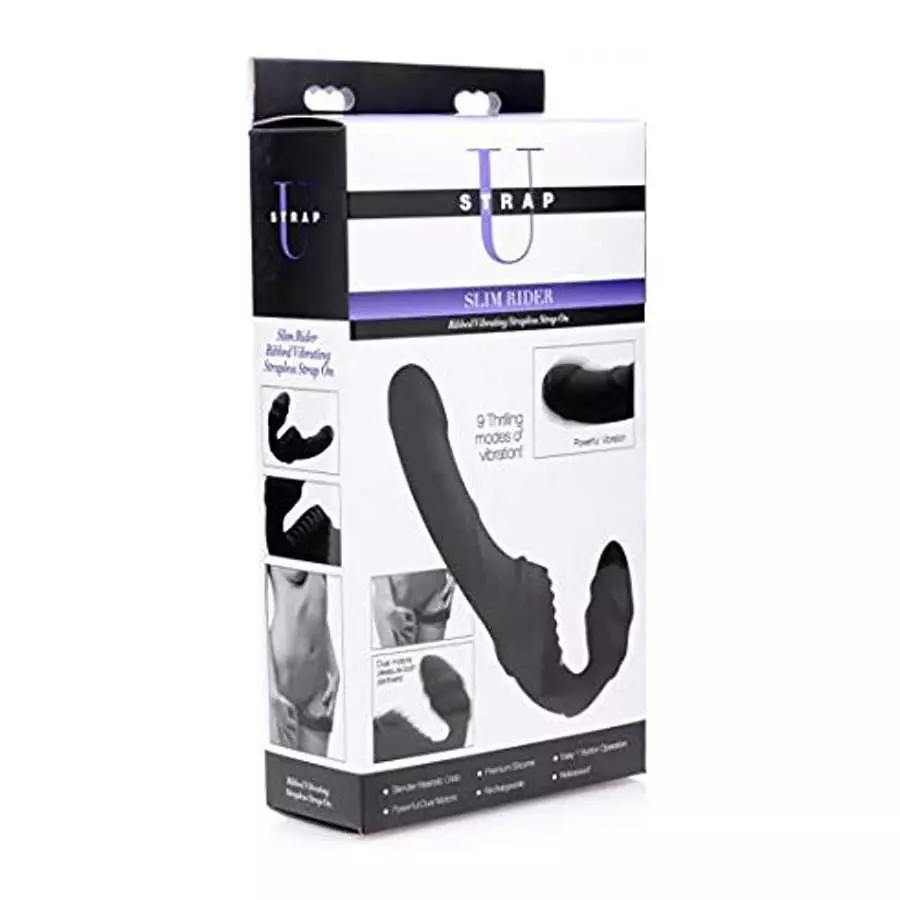 Strap U Slim Rider Ribbed Vibrating Silicone Strapless Strap On