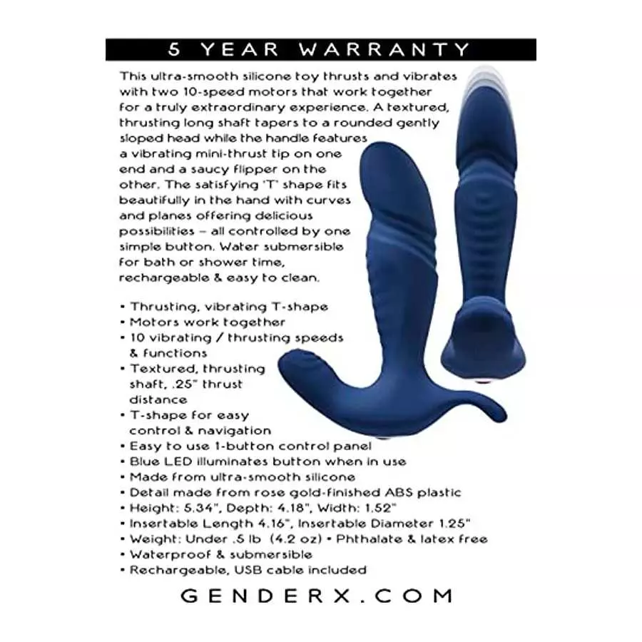 Gender X - True Blue - 10 Vibrating Speeds & Functions Rechargeable Silicone Thrusting Anal Vibrator - Blue