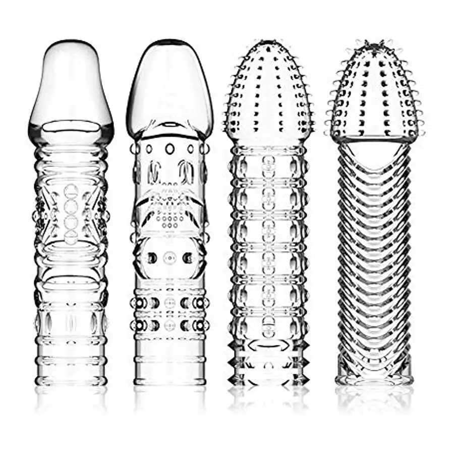 FST 4 Pcs Silicone Penis Sleeves Reusable Condoms Cock Enlarger Penis Extender Prolong Erection Sex Toy for Men